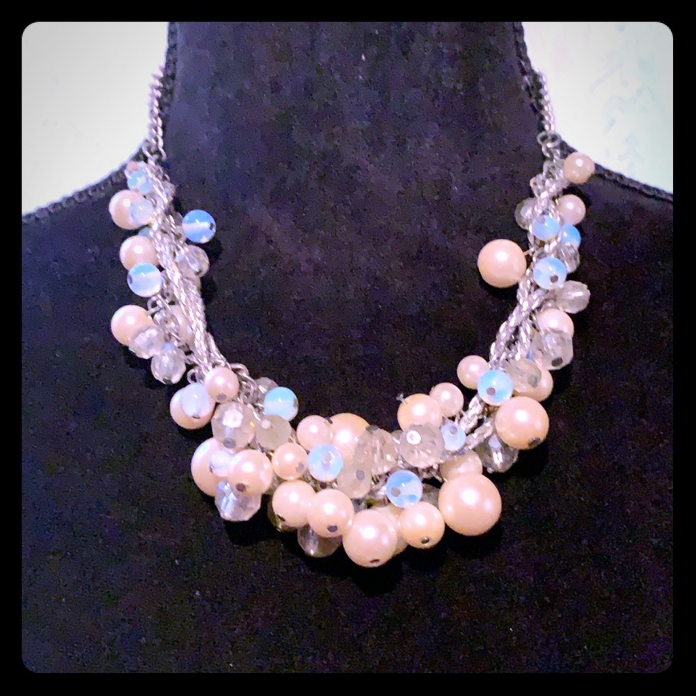 Pearl, blue and clear stone necklace